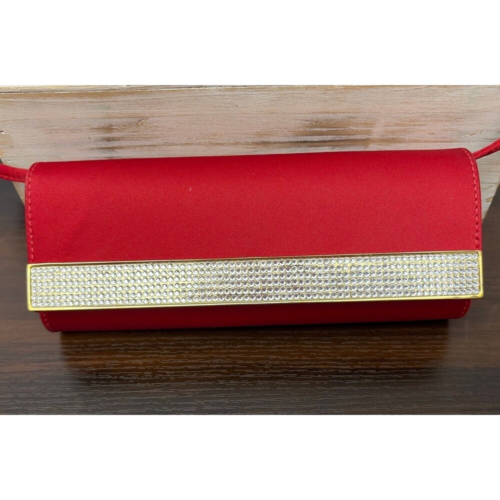 VTG 80s Daniella Red Satin Rhinestone Clutch Evening Bag Matching Mirror set